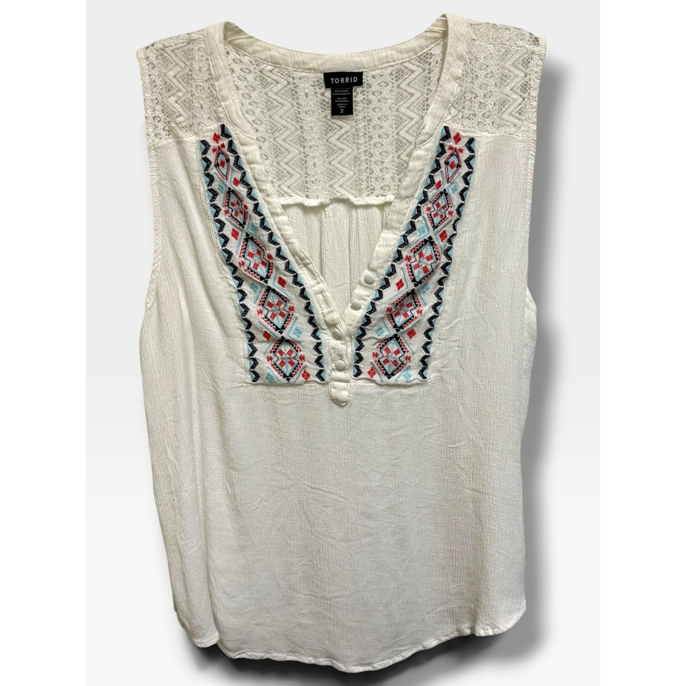 Torrid Ivory Crinkle Gauze Embroidered Lace Boho Tank Top Size 2 2X 10503729